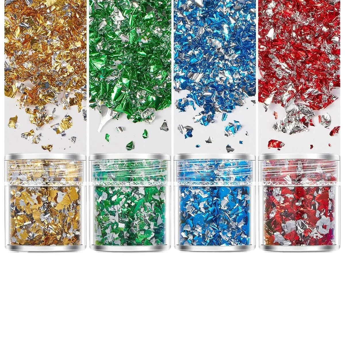ROCKPOEM Gold Leaf Sheets - 4pcs Set, Gold Leaf Flakes, Colorful Sequins and Glitters, Gold Foil Confetti for DIY, Mold Filling, Nail Art, Jewelry Making and Home Decor, 29 x 25mm