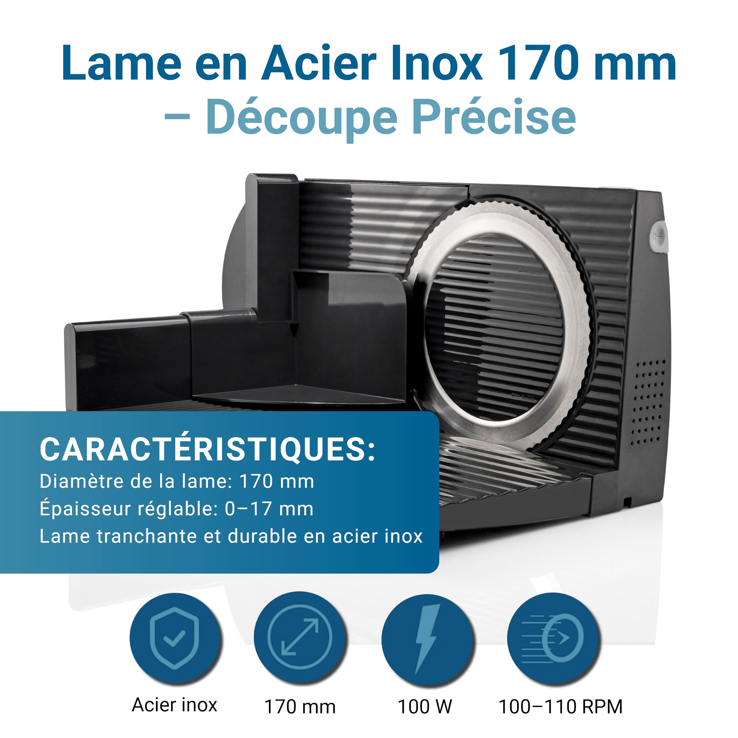 EUREL RS42 Trancheuse Électrique Noire Lame Inox Ø170 mm Épaisseur Réglable 0-17 mm Moteur CC EcoDrive 80 W