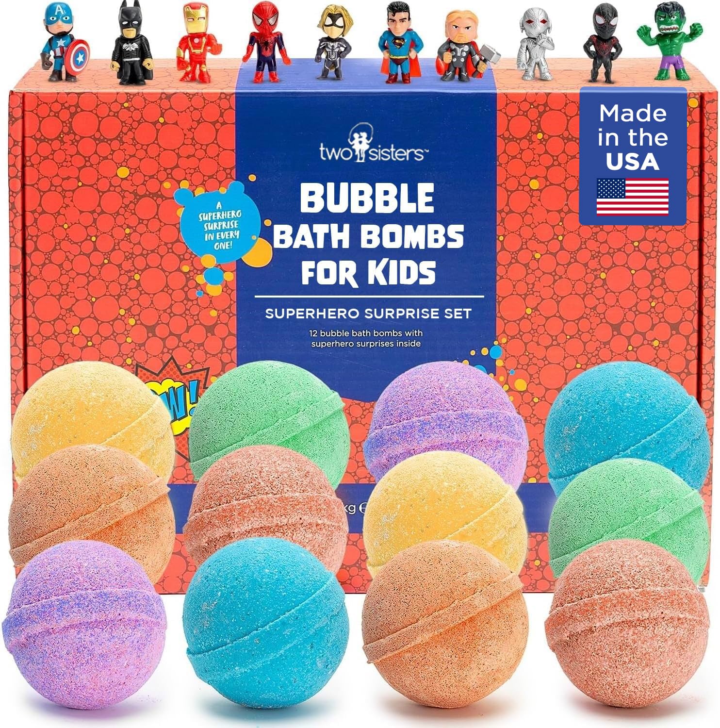 Two Sisters Superhero Bath Bombs for Kids with Surprise Toy Inside, 12 Pack Bubble Bomb Fizzies, Fruity Scents, Relaxing Aromas, USA Made, Ideal Birthday Gift for Girls & Boys by