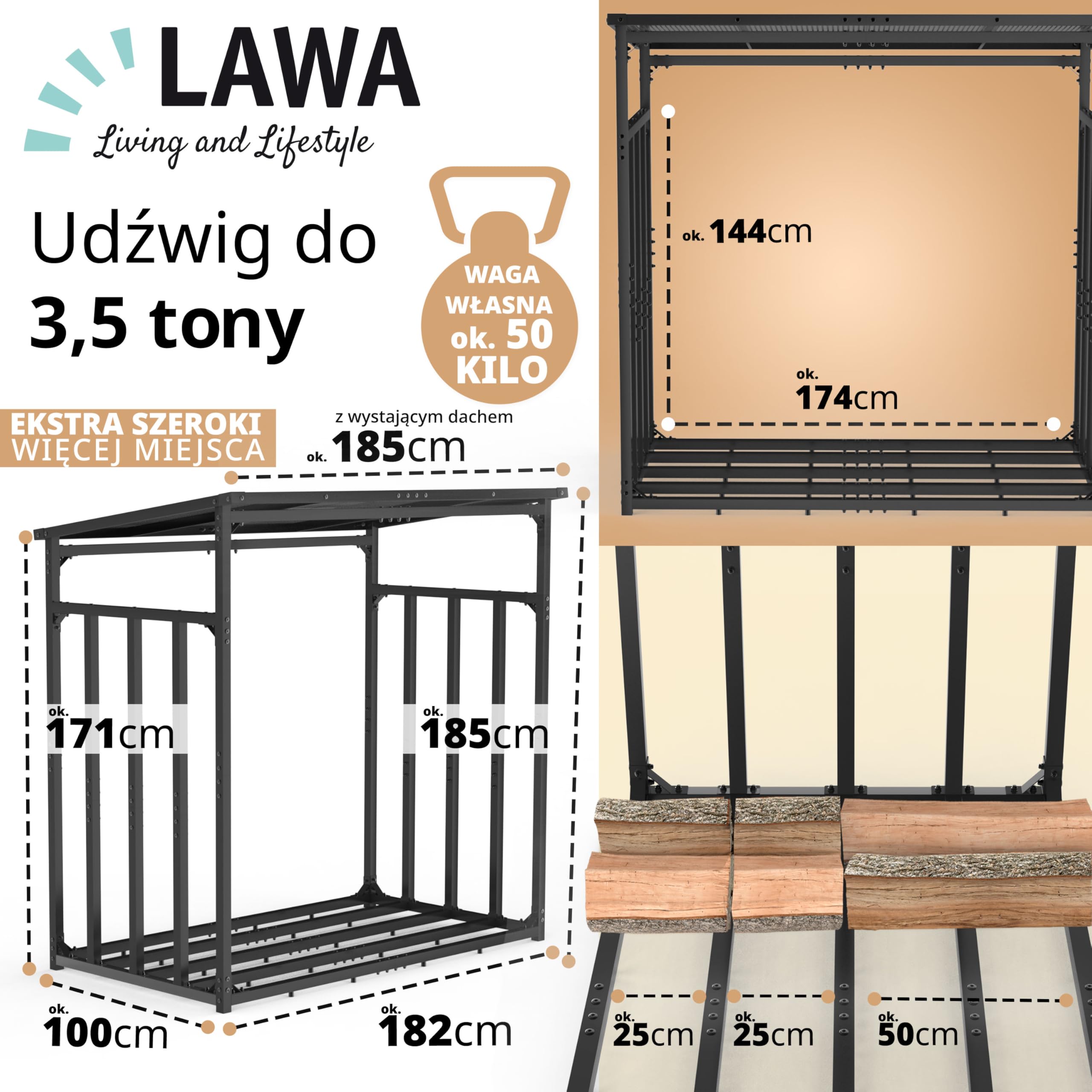 Metalowy regał na drewno opałowe, wymiary zewnętrzne 185 x 105 x 185 cm, ocynkowany 4 x 4 cm, przekrój 3,5 t, z dachem, stabilny drewniany stojak na drewno opałowe, regał
