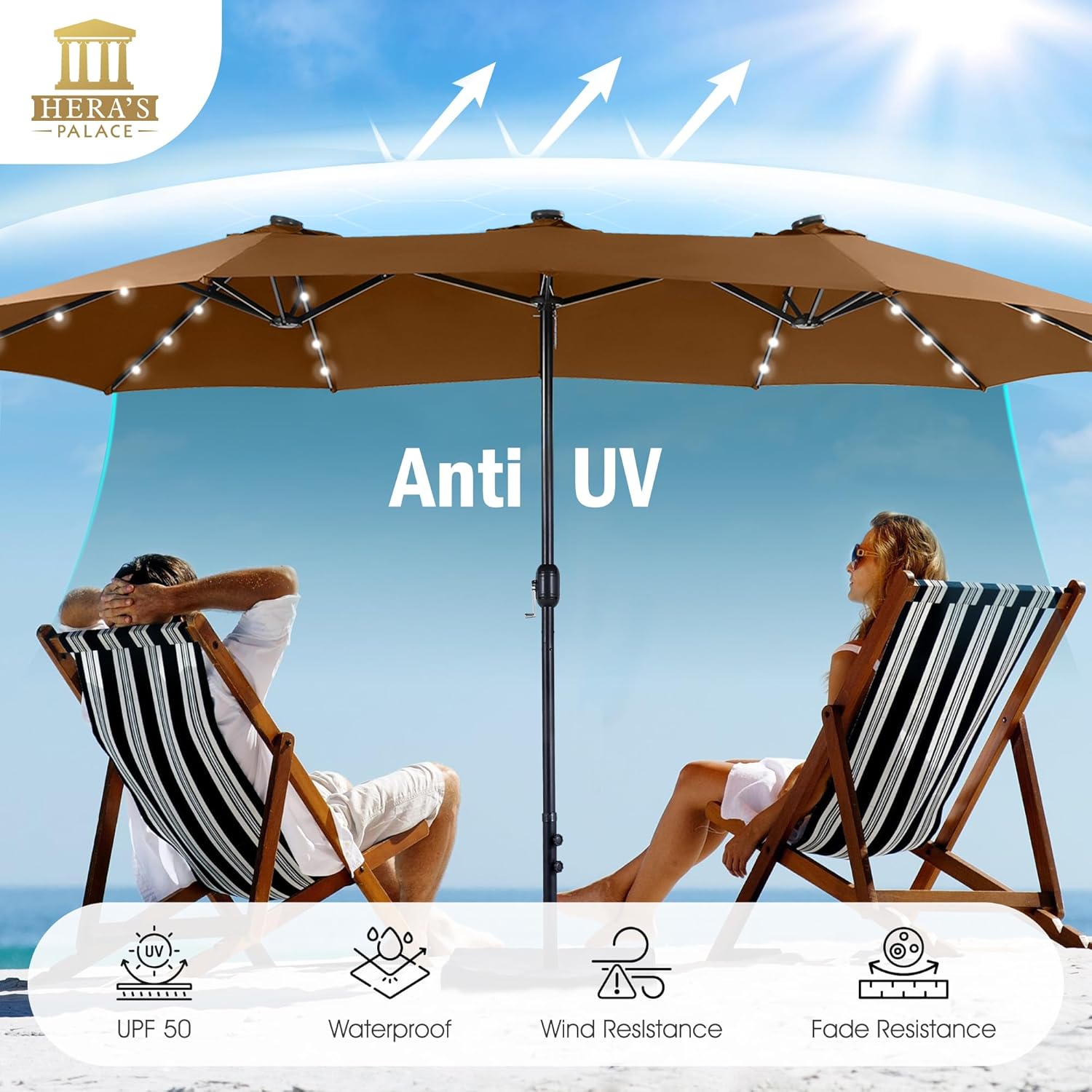 HERA'S PALACE 15ft Patio Umbrella with Base Included Double Sided Outdoor Umbrella for Patio Table Umbrella Outdoor 36 LED Solar Lights for Garden