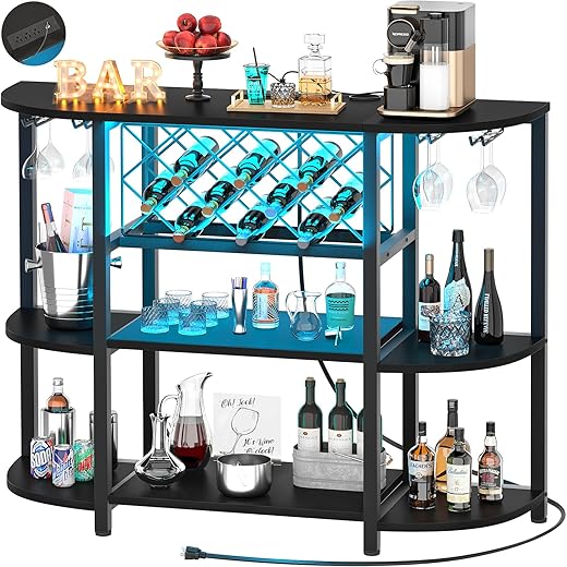 Unikito 4-Tier Metal Coffee Bar Cabinet with Outlet and LED Light, Freestanding Floor Bar Table for Liquor with Glass Holder and Wine Storage, Wine Table Bakers‘ Rack for Kitchen Dining Room, Black