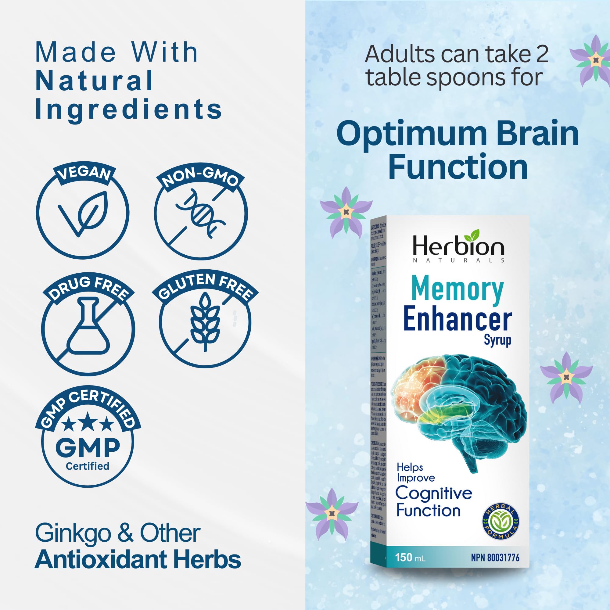 Herbion Naturals Amplificatore di memoria aiuta a migliorare le funzioni cognitive Sciroppo di liquirizia per adulti 150ml