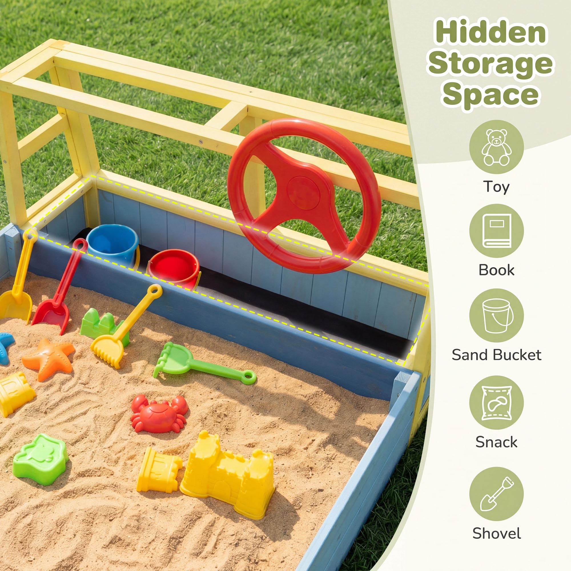 HOMASIS Sabbiera per Bambini a Forma di Camion dei Pompieri, Sabbiera da Esterno con Panca, Contenitore Portaoggetti Nascosto, Rivestimento, Sandbox per bambini 18+ Mesi, 170 x 100 x 48 cm