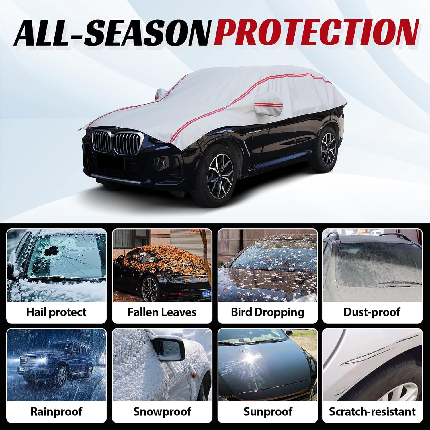 Half Car Cover Top SUV, Windshield Cover for Ice and Snow with Cotton Liner, Hail Protector Car Cover Waterproof All Weather for Snow, Sun, Rain, Dust, UV Protection Fit SUV L