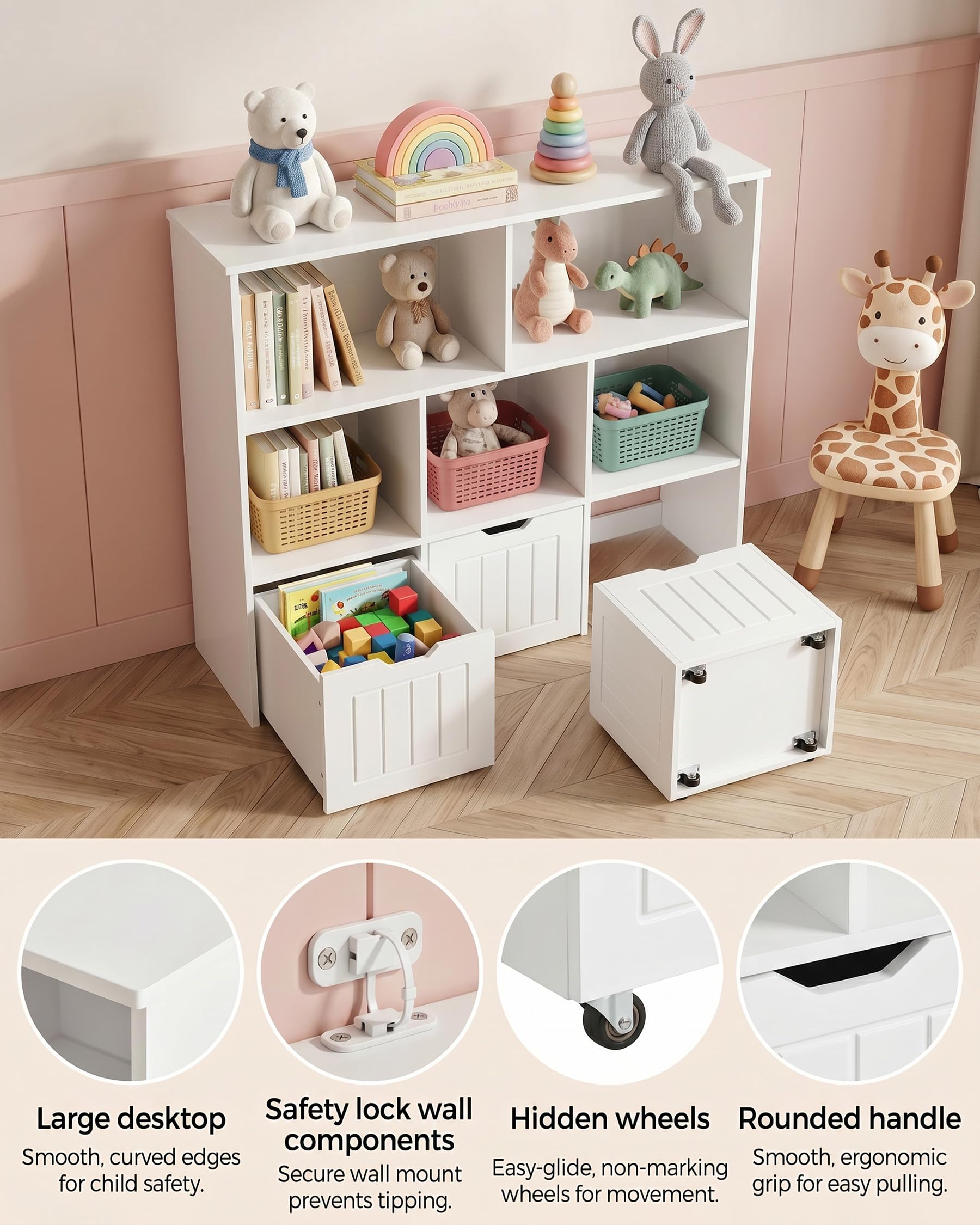 Bibliothèque Enfant avec 5 Compartiments, Meuble de Rangement Enfant avec 3 Tiroirs, Étagère Chambre Enfant, Rangement Jouet, Meuble Montessori, Blanc 100x33x89.5cm