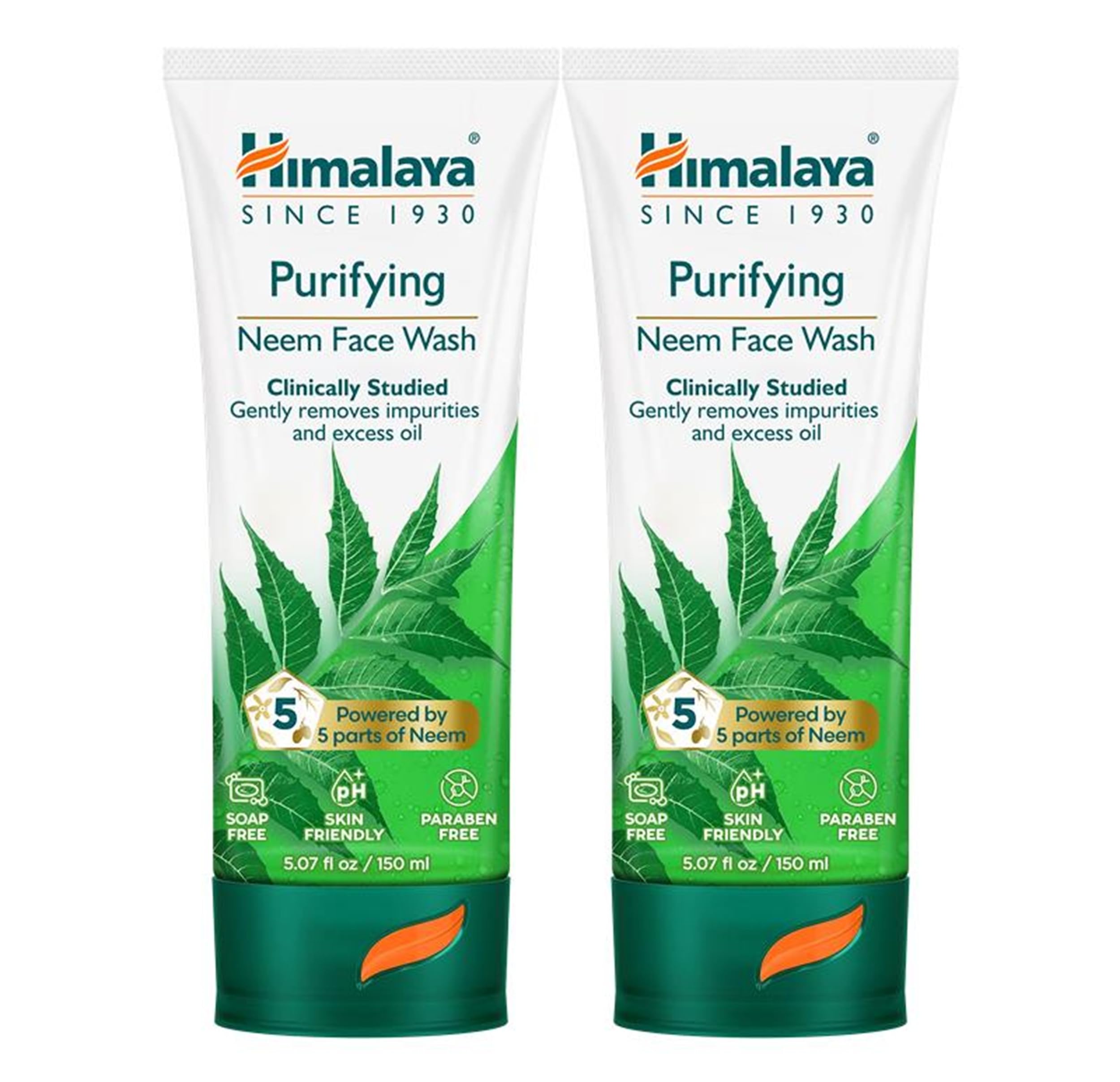 Himalaya Purifying Neem Face Wash, Normal to Oily Skin with Turmeric, Vegan, Soap Free, Paraben Free, Dermatologically Tested, SLS/SLES Free, 5.07 Fl Oz., 150 mL, 2 Pack