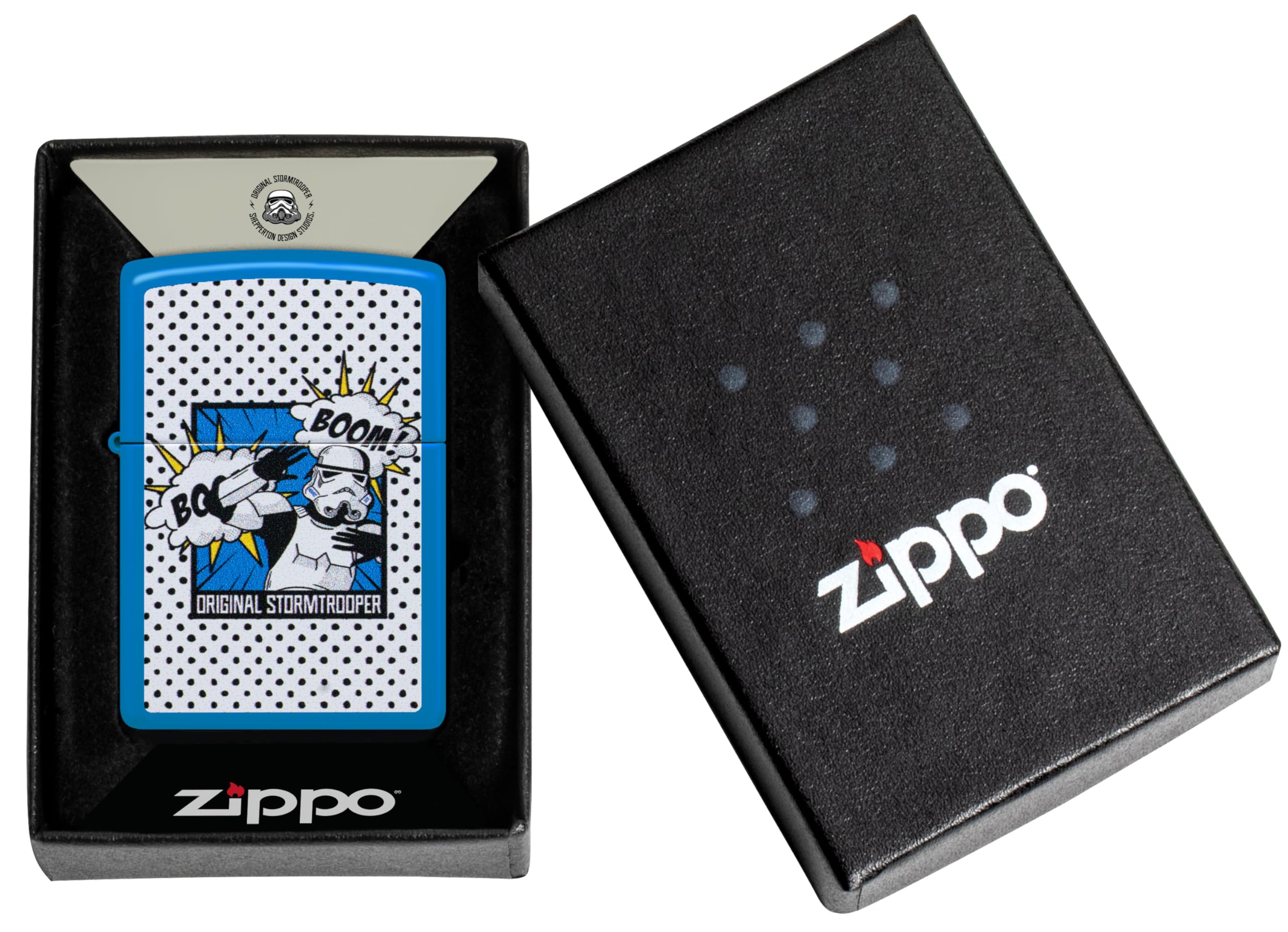 Zippo Encendedor a Prueba de Viento - Original Stormtrooper Boom Diseño - Sky Blue Matte - Recargable - Reutilizable - Caja de Regalo Incluida - Hecho en EEUU