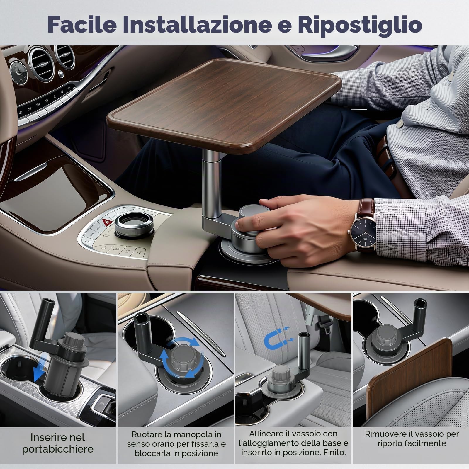 Supporto da auto per laptop,tavolino portabicchieri in legno con rotazione a 360°Tavolino da auto e vassoio portaoggetti compatibile con Tesla Model,Ford e la maggior parte dei veicoli