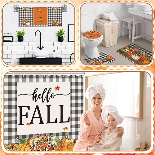 Miniatura 6 de Juego de 7 cortinas de ducha de Acción de Gracias para baño, cosecha de otoño, decoración de baño, cortina de ducha impermeable de calabaza otoñal