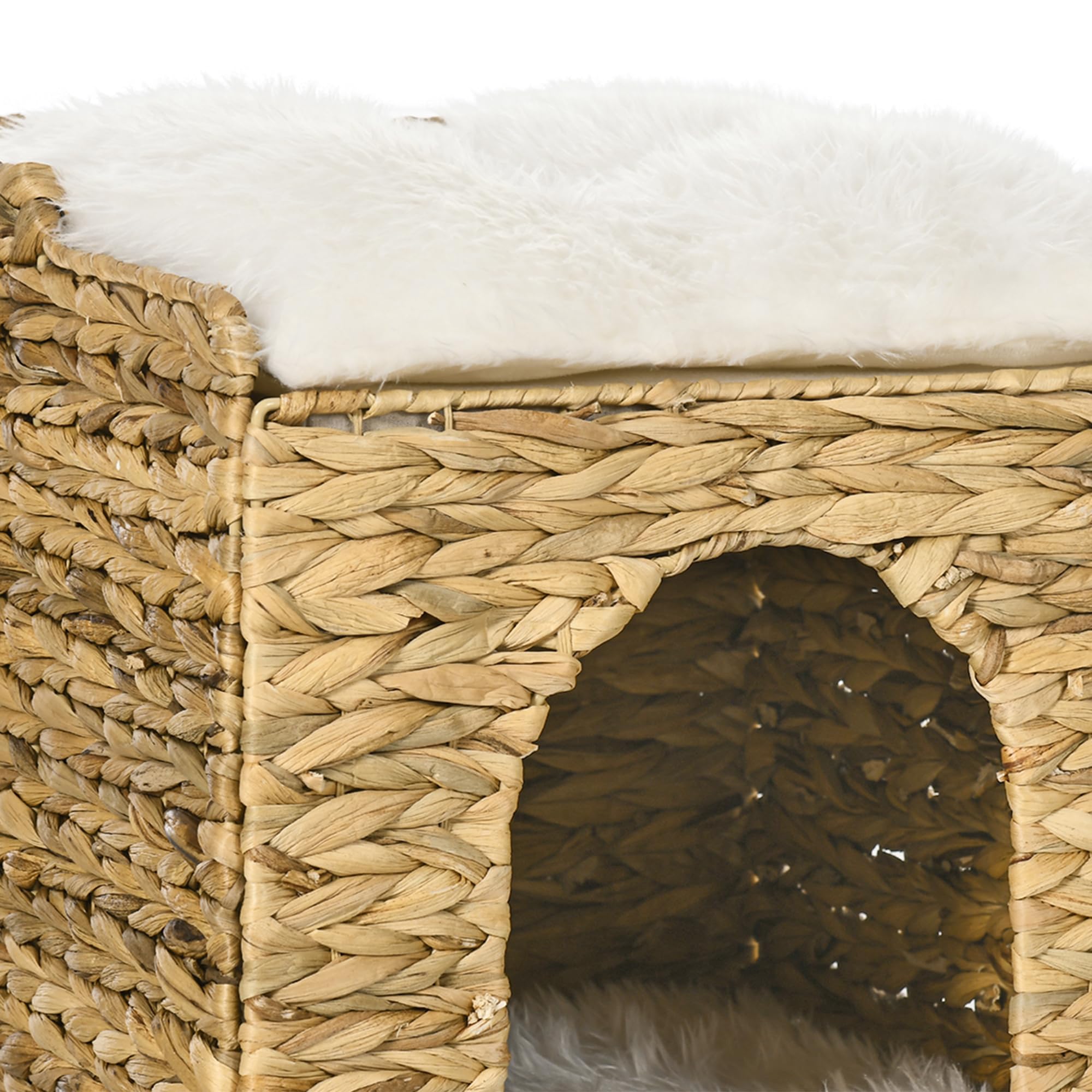 PawHut Maison à Chat Niche pour Chat à 2 Niveaux avec 2 Coussins en Jacinthe d'eau - 37,5 x 37,5 x 41,5 cm Marron, crème