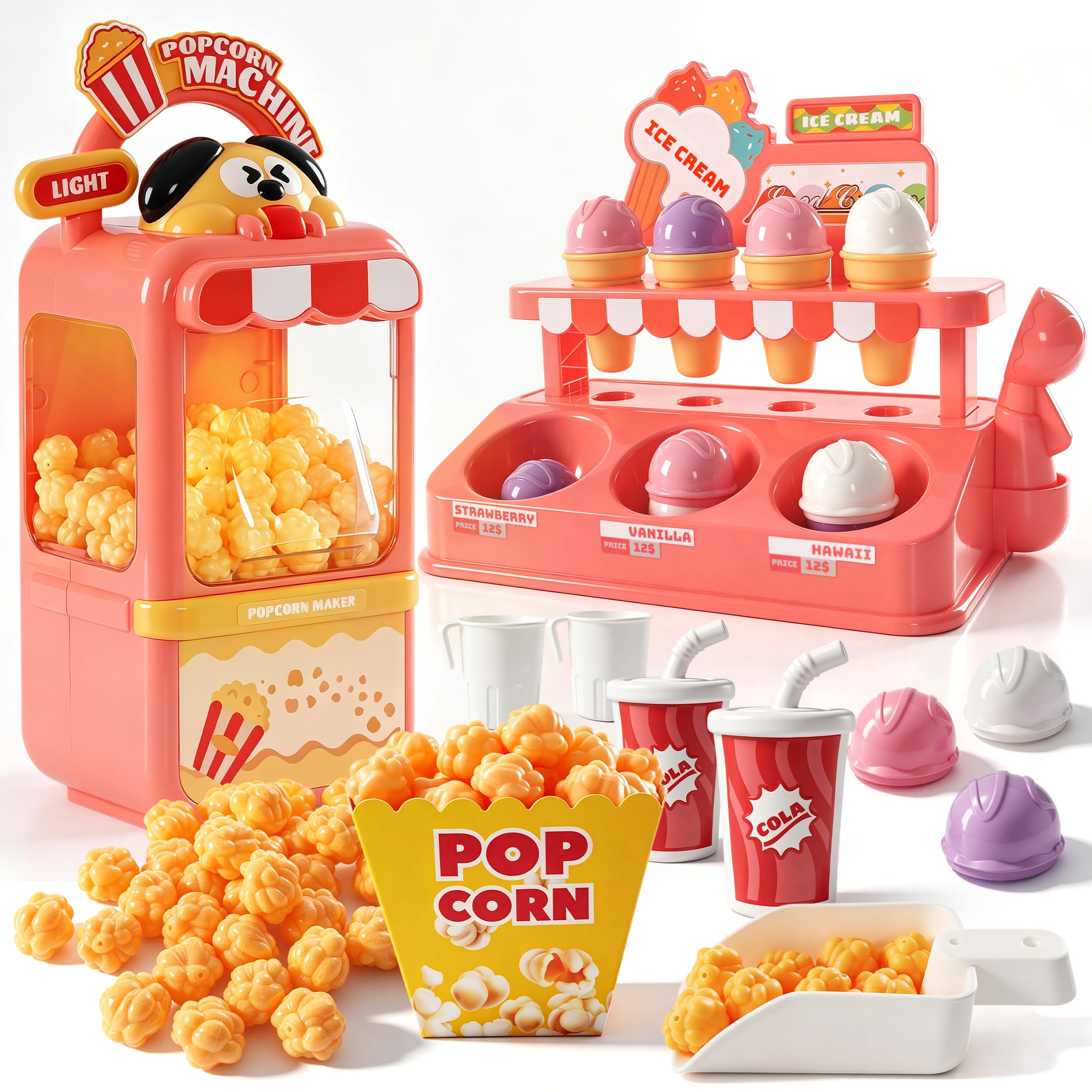 Play Food with Lights&Music,Pretend Play Popcorn Machine&Ice Cream Shop