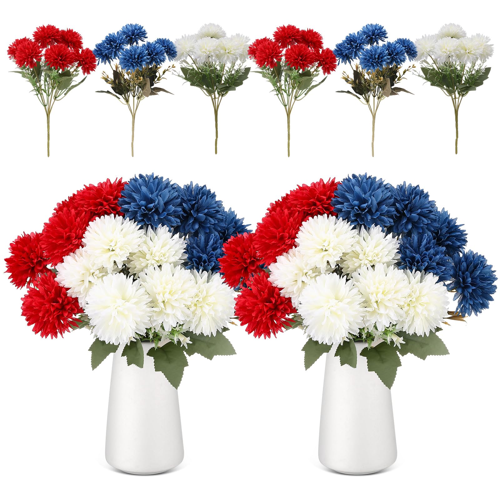 12 Pcs Artificial Chrysanthemums – Red White Blue Silk Flowers For 4th ...