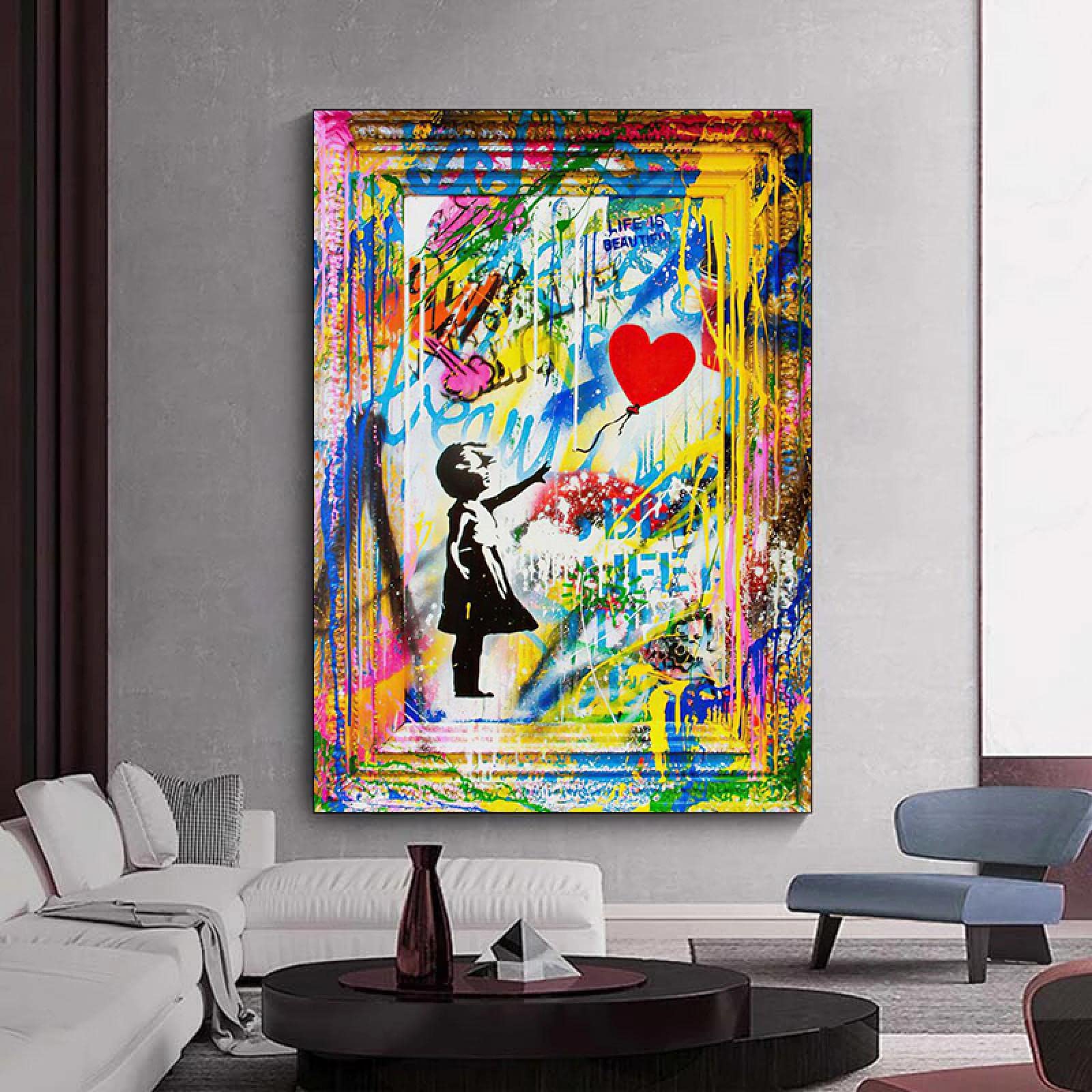 Amazon.co.jp: 赤い風船のキャンバスの絵画の抽象的なバンクシーの