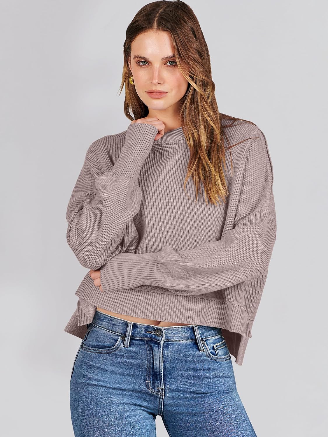 ANRABESS Womens Cropped Sweaters Oversized Crewneck Long Batwing Sleeve Side Slit Ribbed Knit Pullover Tops 2025 Fall Clothes - Image 7