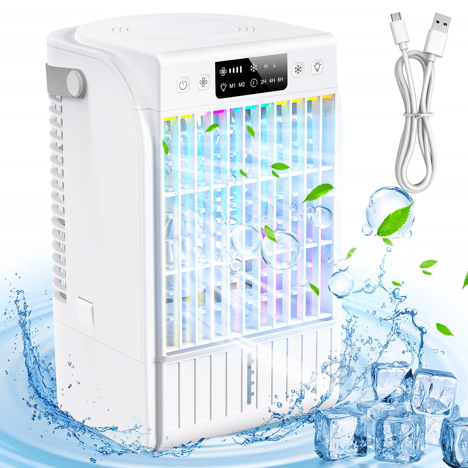 Przenośne klimatyzatory, przenośna chłodnica powietrza 1500 ml, 4 prędkości wiatru i 2 tryby natrysku, chłodnica powietrza parowego, osobisty wentylator chłodzący z timerem 2-6H i 7 kolorowymi