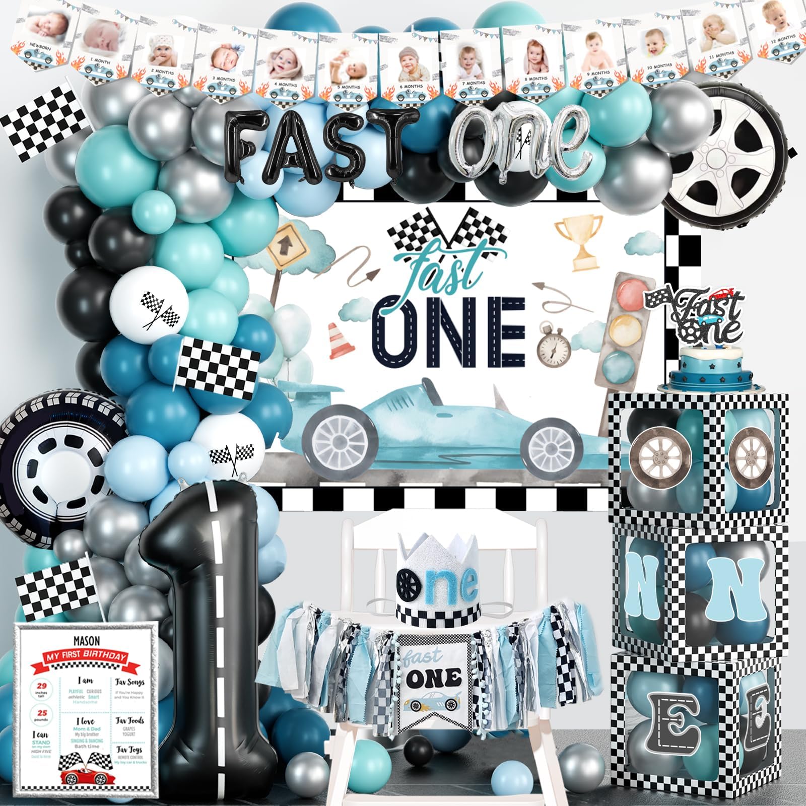 Fast One Birthday Decorations for Boys, 1st Birthday Decorations Boy, Vintage Car Themed Backdrop Balloon Banner Boxes Crown Poster for Retro Blue First Party Supplies
