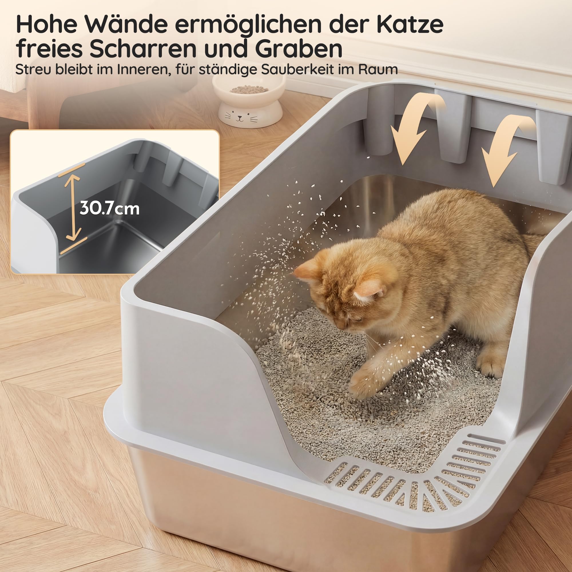 JUMMICO Katzenklo Edelstahl, XXL Katzentoilette aus Edelstahl, Katzenklo mit Schaufel und Matte, erhöhtem Rand, offen, leicht zu reinigen