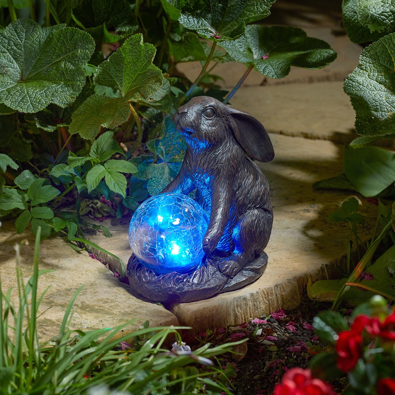 mysmartbuy.com Solar Powered LED Hare Garden Ornament – Weather Resistant Hand Painted Polyresin Sculpture Outdoor Decoration with Light Up Crackle Glass Globe Ball – Measures H18.5 x W16.5 x D10.5cm