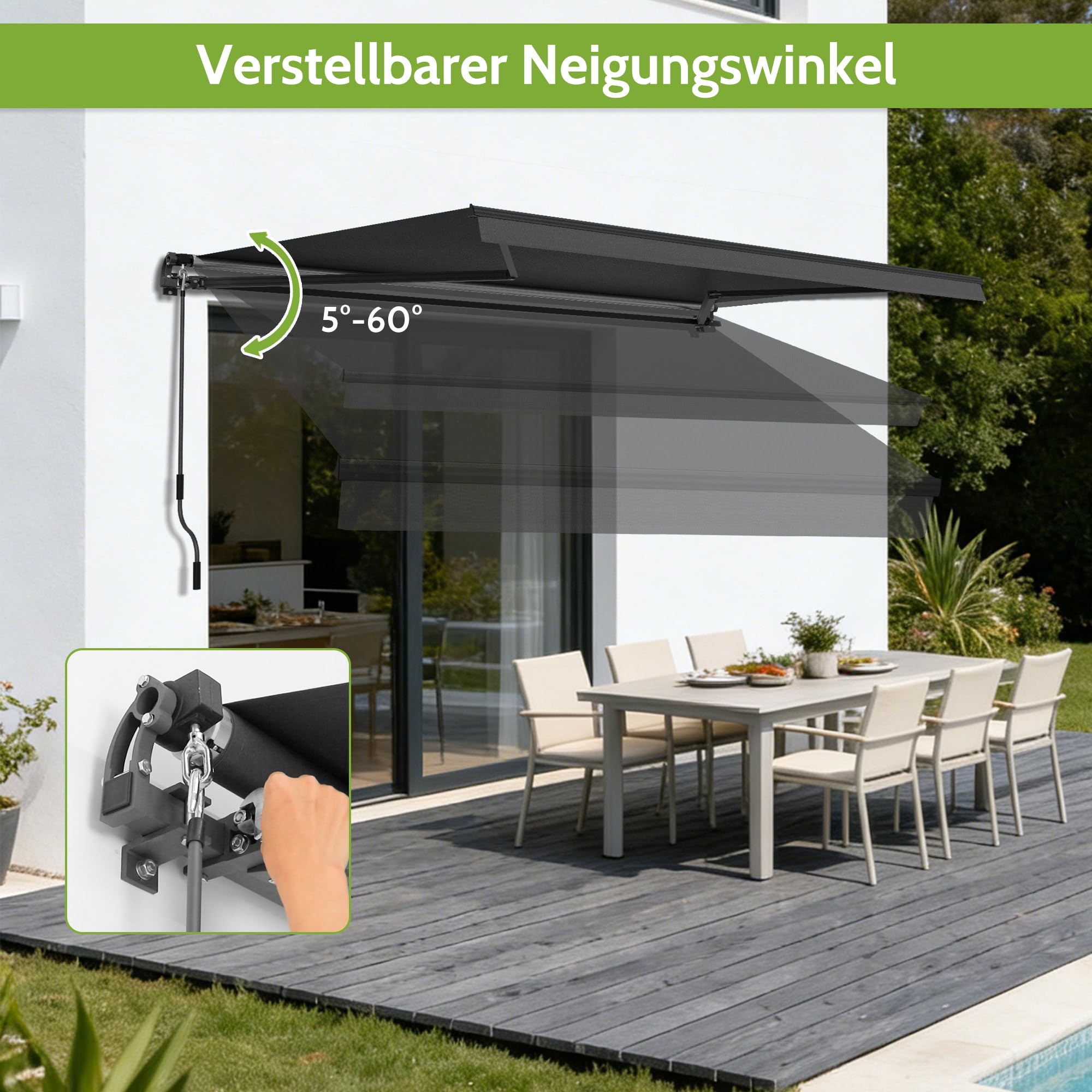 BelleMax Gelenkarmmarkise Markise, 400x250cm Anthrazit, Terrassenmarkise mit Handkurbel, Einstellung(5-60°), 280g/m² Stoff mit PU, Wasserdicht, Sonnenmarkise inkl. Wandhalterung für Balkon, Terrasse