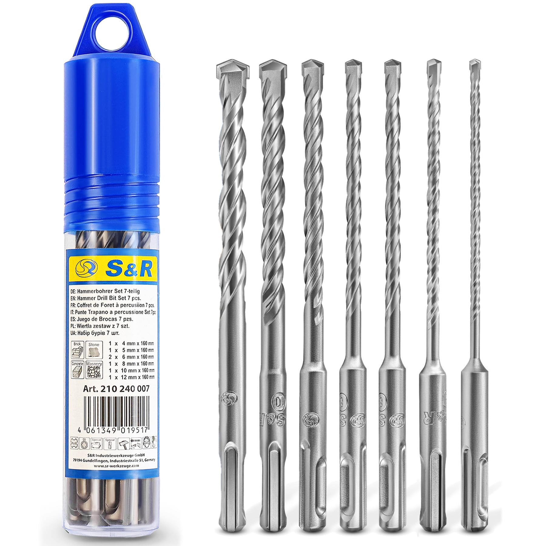 S&R Hammerbohrer, Steinbohrer/Betonbohrer SDS-Plus, Set 7-tlg (4-12mm) für Bohrhammer. Mit 2-Kant-Hochgeschwindigkeits-Hartmetallspitze und Rundlaufgenauigkeit für Beton, Ziegel, Stein.