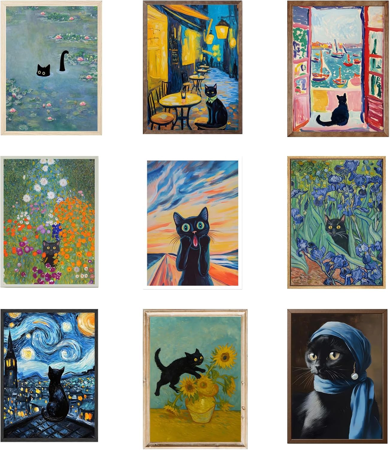 9Pcs Funny Black Cat Wall Art,Retro Black Cats in Famous Paintings Posters Prints,Cute Colorful Cats Aesthetic Pictures Wall Decor for Bathroom Bedroom Dorm Home Decor (12X16 Unframed)