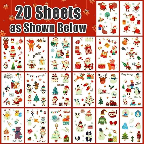Miniatura 2 de Partywind 20 hojas (185 estilos brillantes) de tatuajes temporales de Navidad para regalos de niños, rellenos de calcetines de Navidad con muñeco de