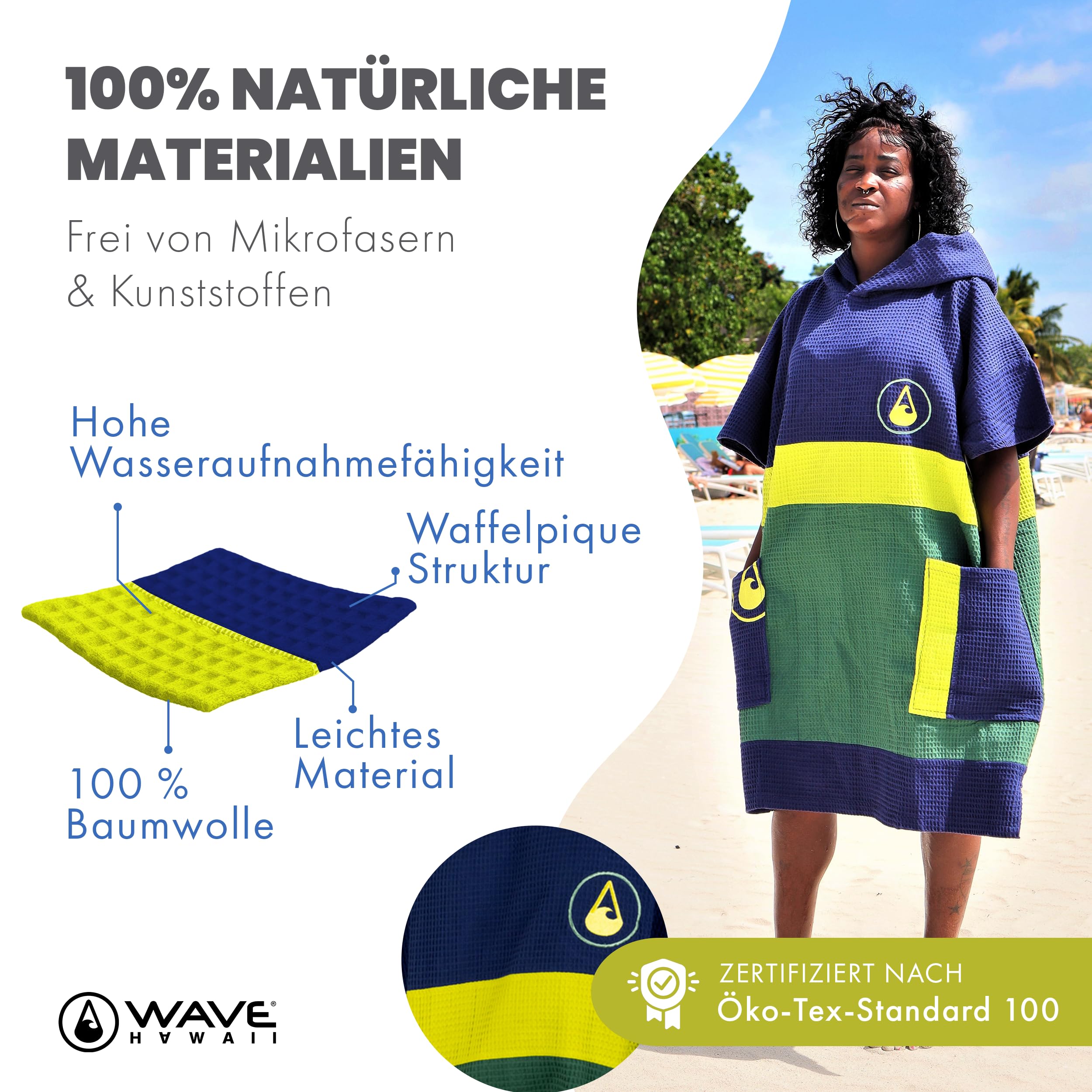 WAVE HAWAII Bade-Poncho Damen & Herren Pampatar, Größe L/XL, 165-195cm, 100% Baumwolle Surf-Poncho Erwachsene, Travel-Handtuch mit hoher Wasserabsorption, Umziehhilfe Strand Erwachsene