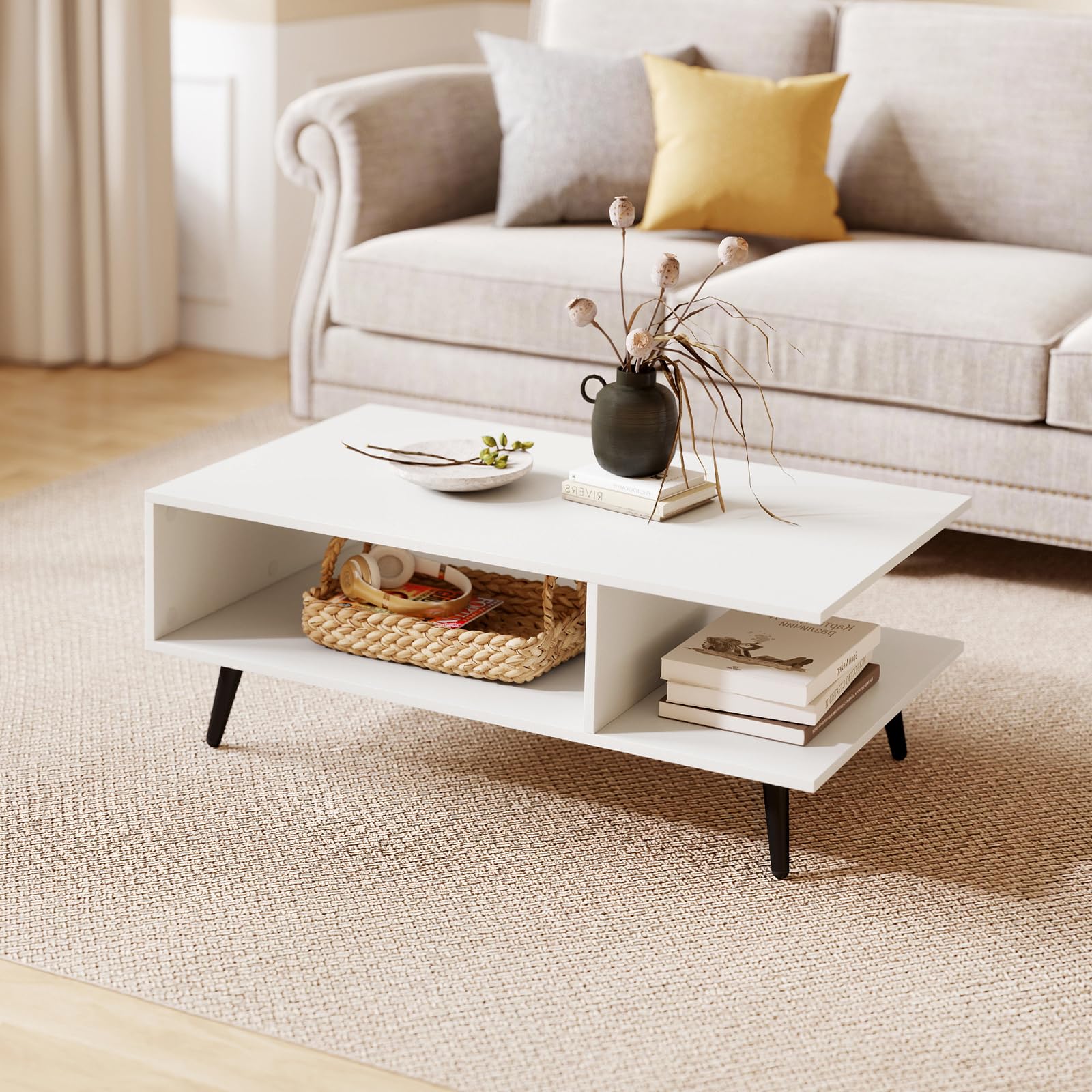 GOFLAME Small Coffee Table with Storage Mid Century Modern Center Table with 2 Open Compartments Metal Legs 31