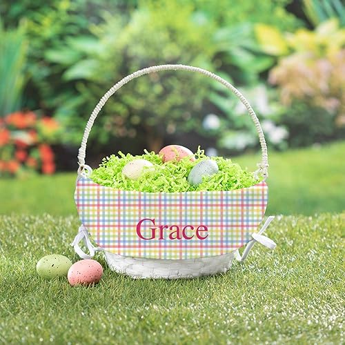 Miniatura 2 de Cesta de huevos de Pascua personalizada con asa y nombre personalizado, forros de cesta de Pascua a cuadros multicolor, cesta blanca, cestas de