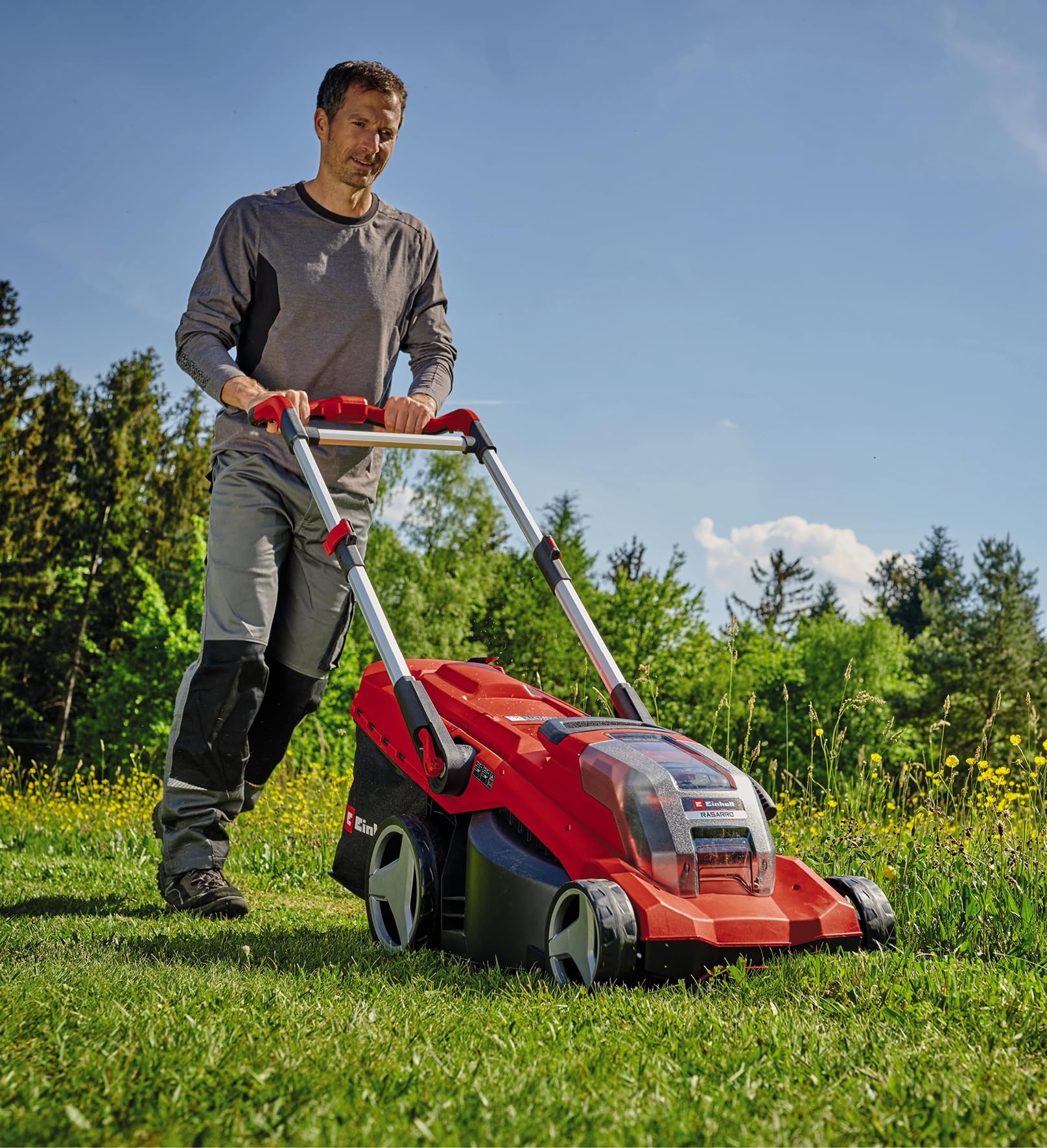 Einhell Kit de cortacésped con batería RASARRO 36/42 Power X-Change (36V, 42cm Anchura Corte, hasta 725m2, sin escobillas, Cesta colectora 50l, función de mantillo, Incl. 2 5,2 Ah, 1 Cargador Gemelo)