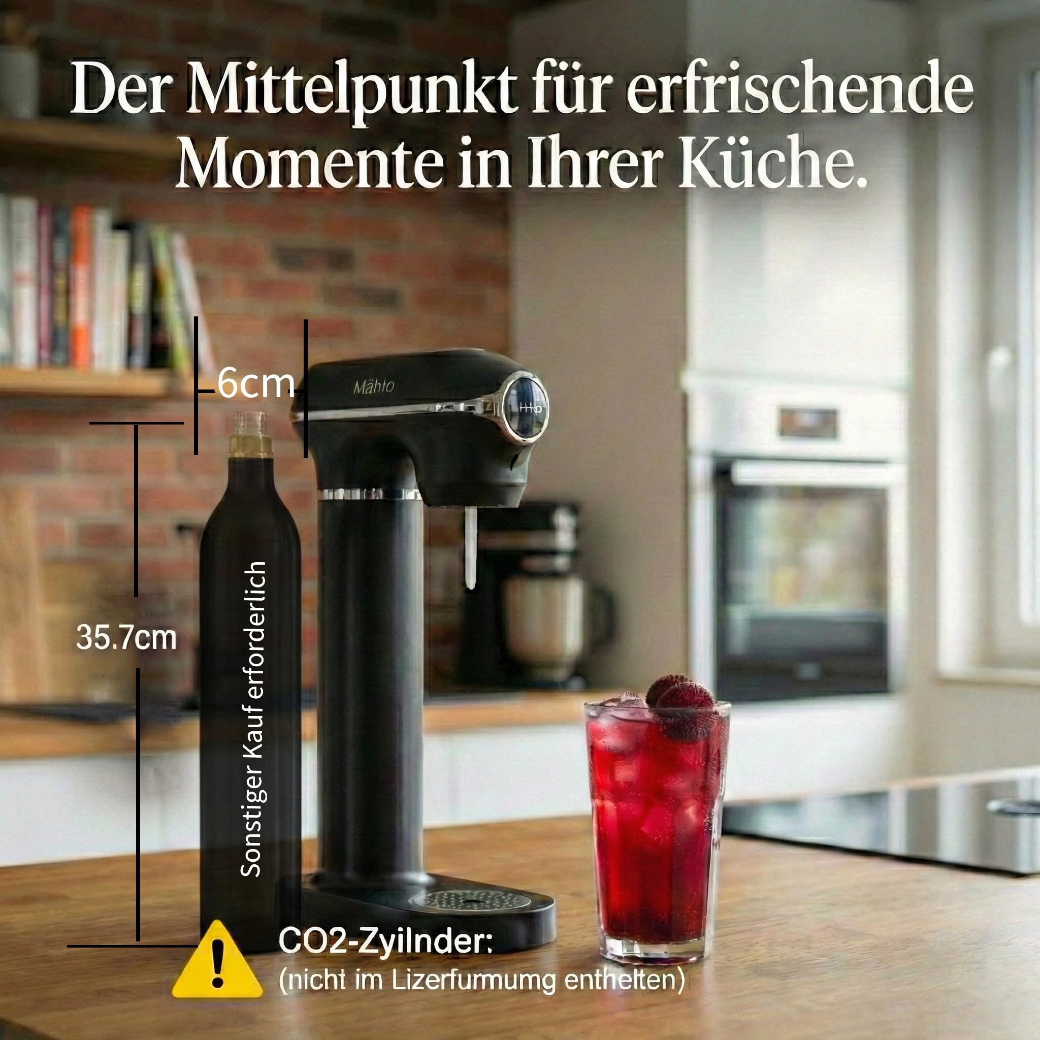 Wassersprudler Set - Kunststoff, Manometer, 2 Flaschen, Schwarz | Schwarz mit Manometer. Inkl. 1L & 0.5L PET-Flaschen (ohne CO2). Automatische Druckregulierung für frisches Sprudelwasser.