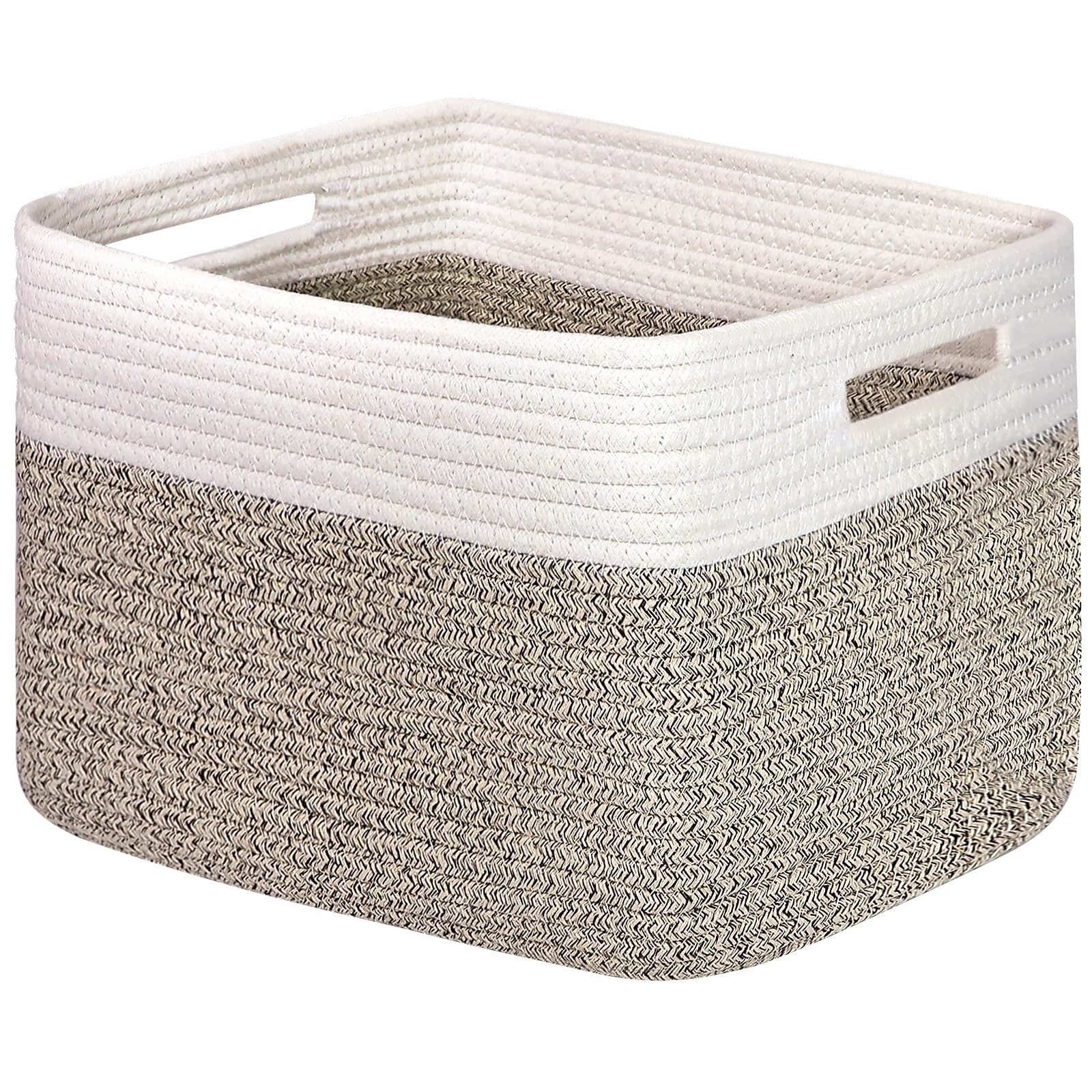 Shelf Woven Storage Basket, Closet Rope Baskets For Organizing, 15 x 10 x 9” Square Bins with Handles, White+Rice Brown 1 Pack
