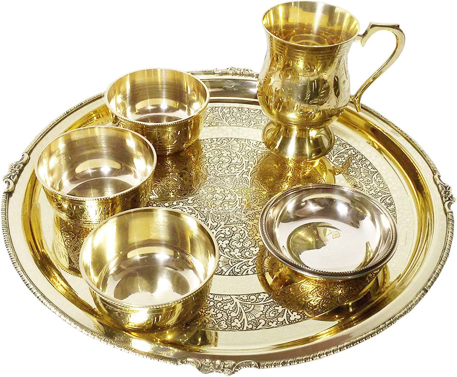 Brass Thali Set of 6 Pcs Including 3 Bowls 1 Mug 1 Plate 1 Rice Plate Restaurant Ware Home Hotel
