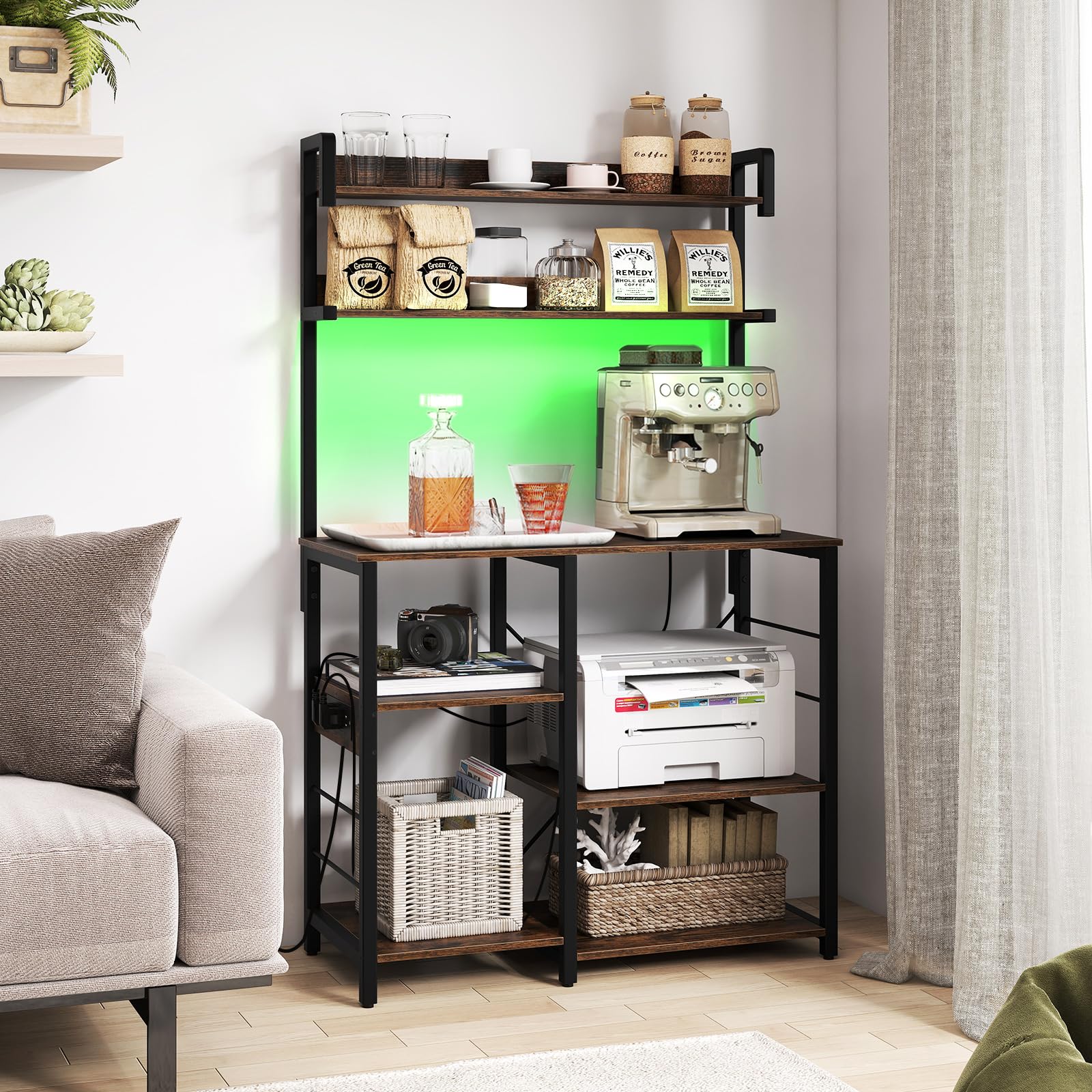COSTWAY Scaffale da Cucina con Multipresa, Supporto per Microonde a 5 Ripiani con Luci LED, Mensole Portaoggetti, Scaffale Multifunzionale per Cucina Soggiorno Bar, 90 x 40,5 x 147 cm
