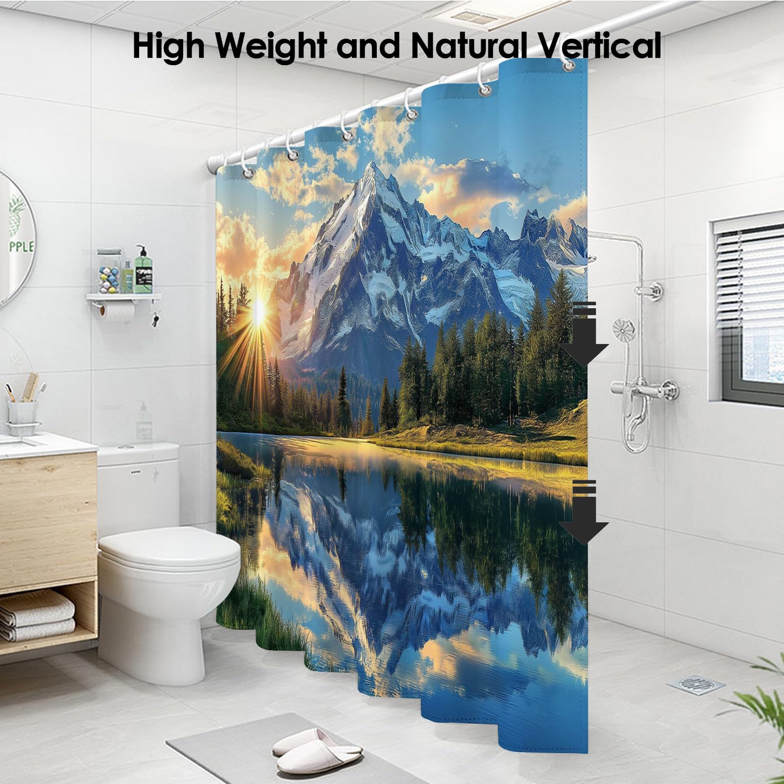 Duschvorhang Bergblick, klarer See Duschvorhänge Anti-Schimmel Wasserdicht Stoff Blickdicht Waschbar Bad Vorhang mit Haken für Badzimmer H200 x B180 cm (1er Pack)