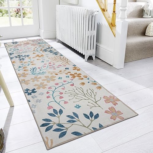 Miniatura 6 de Phyllis - Alfombra moderna de 2 pies 6 pulgadas x 9 pies, lavable, con diseño floral, antideslizante, alfombra colorida que no desprende pelo, para