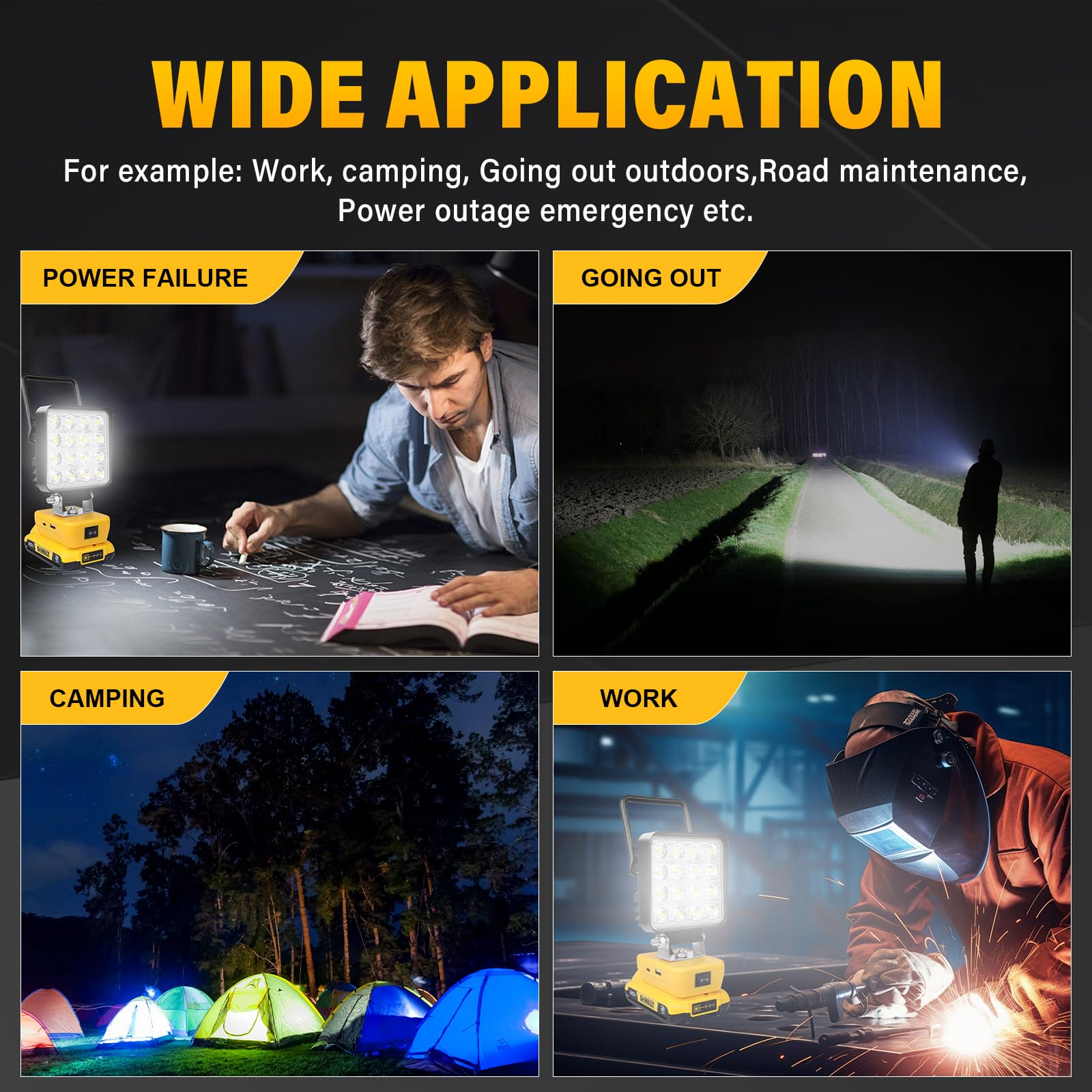 RIGIDON Lampa robocza LED bezprzewodowa 48W 4800lm, kompatybilna z Dewalt 18V/20V, 16 żarówek, 120° kąt wiązki światła, IPX4, -20°C do 60°C