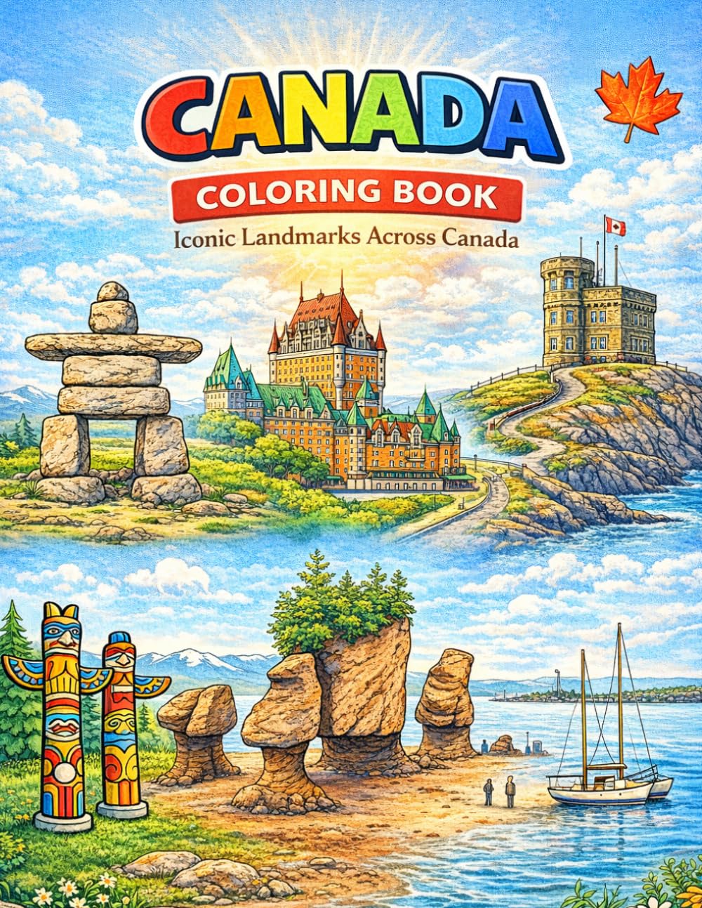 Canada Coloring Book for Adults & Kids: Iconic Canadian Landmarks to Color - Relaxing Travel Scenes from Banff, Stanley Park, Signal Hill & More: A ... & Nature Designs for Stress & Relaxation