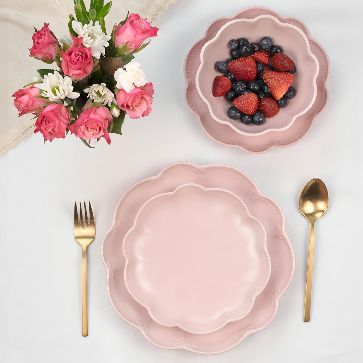 Sango 12 Pieces Scalloped Dinnerware Set, Modern Pink Dishes for 4, Premium Serving Plates & Bowls Sets, Chip Resistant, Ceramic Dishware, Kitchen Dish, Microwave & Dishwasher Safe, Bethany