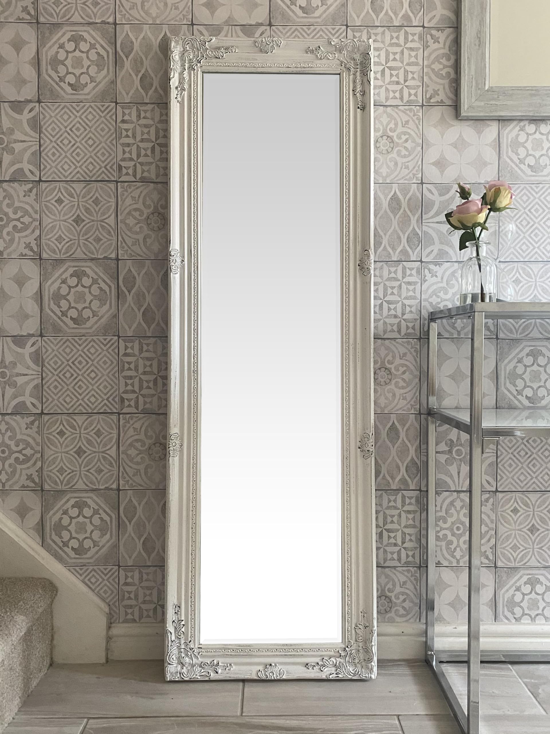 DOWNTON INTERIORS UK Tall Antique Style Ornate Dressing Wall Mirror - Silver Gold White Black Cream - Overall Size: 142 cm x 47 cm (56 x 18 inches) (Antique White)