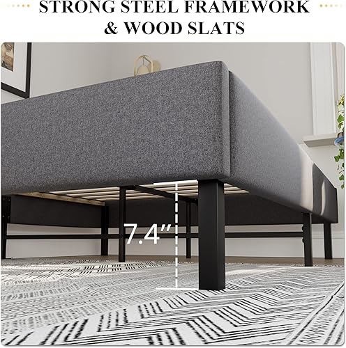 Miniatura 6 de SHA CERLIN Marco de cama tamaño matrimonial marco de cama tapizado no necesita somier cama de plataforma de perfil bajo con listones de lana fácil