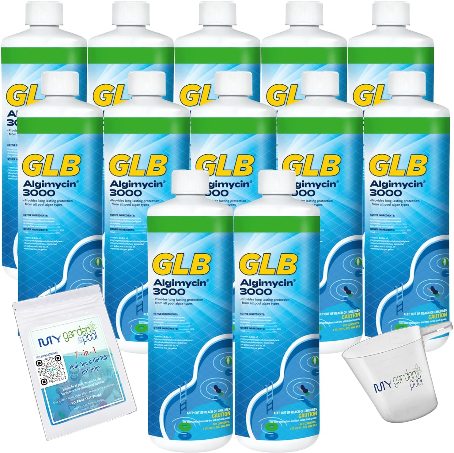 GLB Algimycin 3000 Algaecide 32 FL OZ 71105A with My Garden Pool 7 in 1 Test Strips and Measuring Cup, 12 Pack