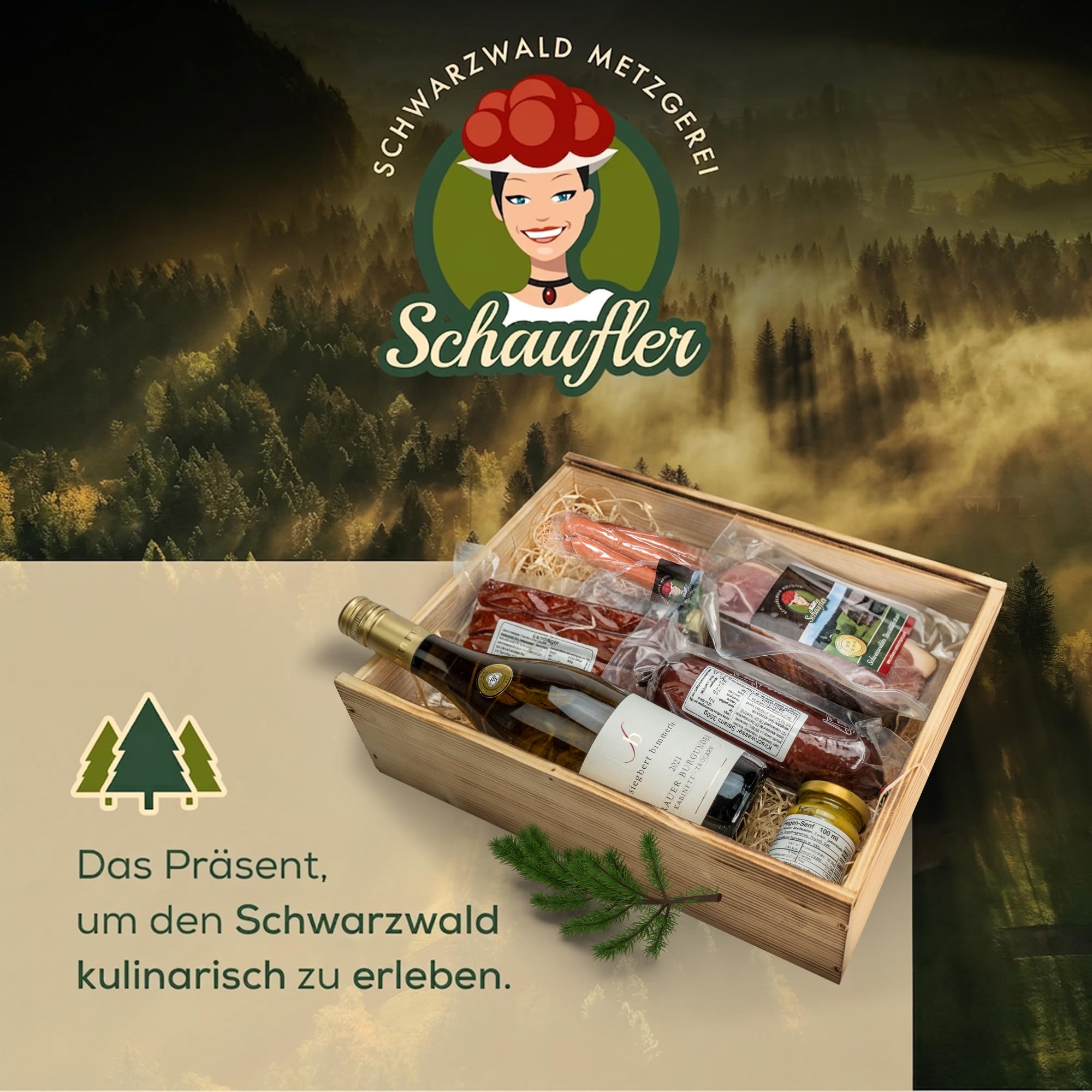Schwarzwald Metzgerei: Geschenkkorb "Holzkiste" mit Wurst- und Schinken-Delikatessen – Präsentkorb mit Schwarzwälder Schinken, Feigensenf und Weißwein als Geschenk für jeden Anlass