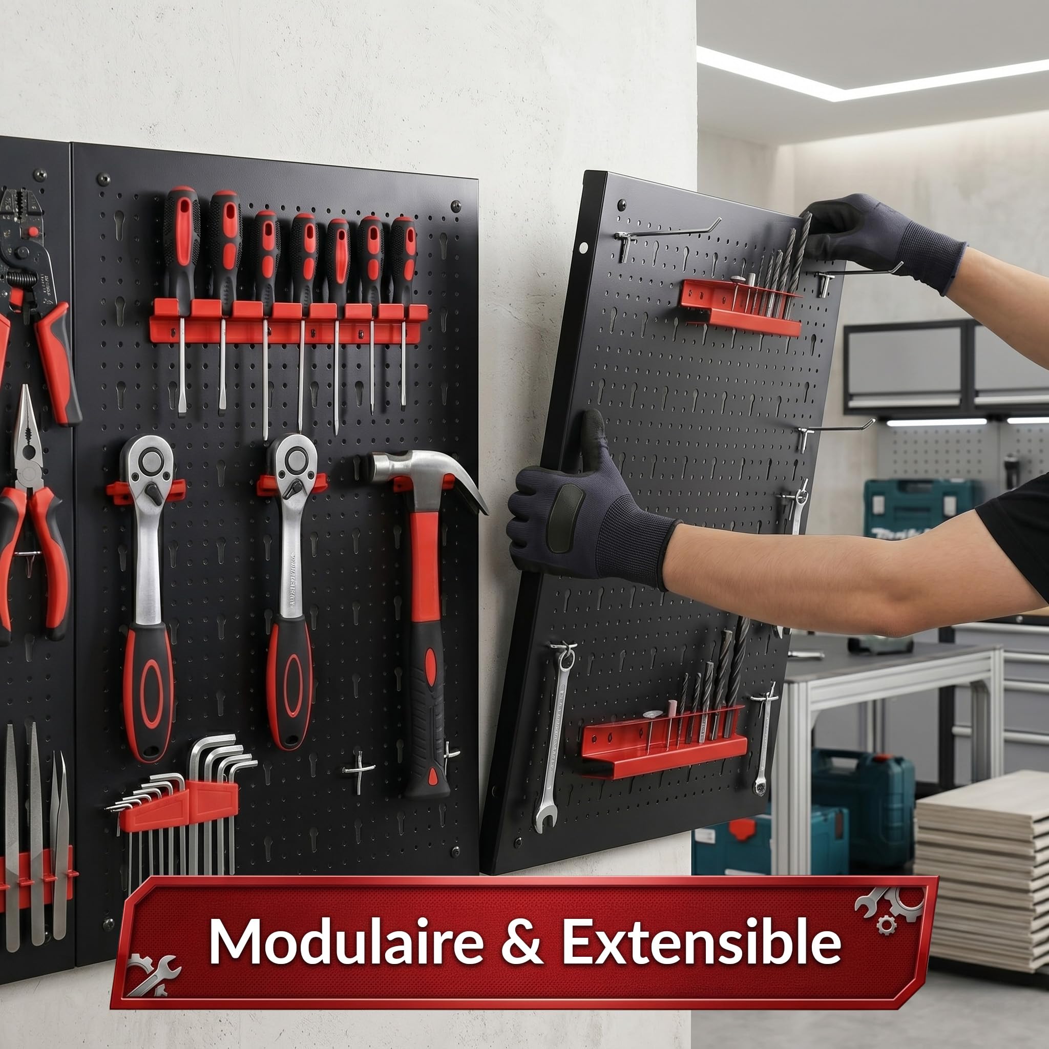 KARAT Parker - Pannello da parete per attrezzi con accessori in metallo perforato, supporto per officina e garage (nero/rosso, set di 4 pannelli)