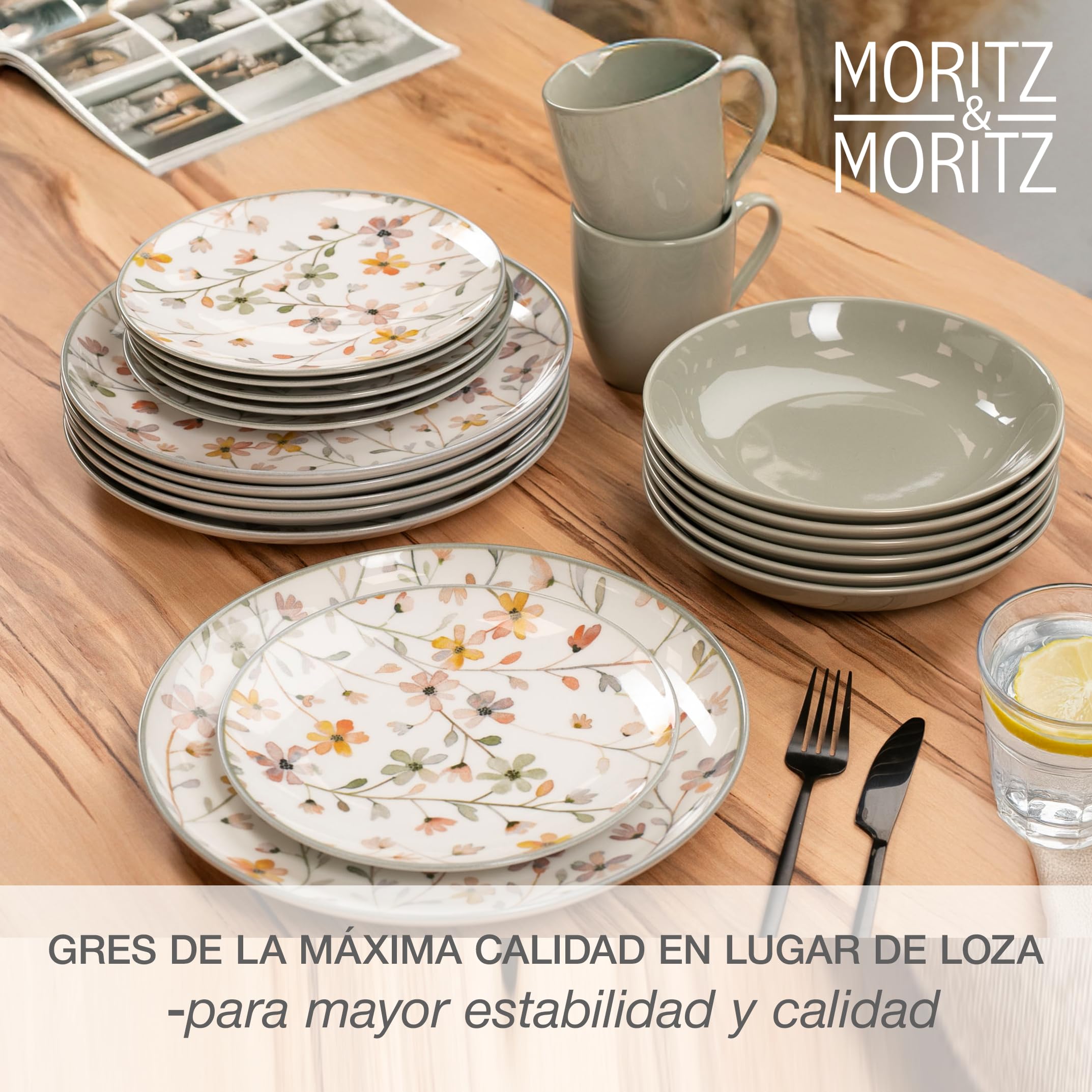 Moritz & Moritz Primavera Juego de vajilla de gres 6 personas 24 piezas - Moderno servicio de mesa con diseño juguetón, fácil de cuidar servicio de café con juego de platos, cuencos y tazas - Servicio