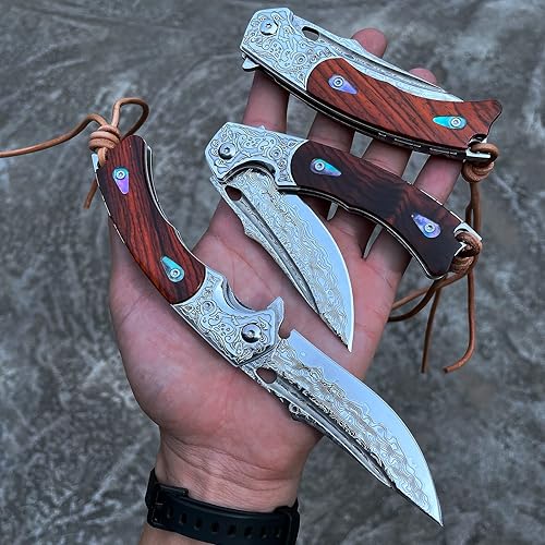 Miniatura 2 de Cuchillo hecho a mano japonés VG10 Damasco acero plegable cuchillo, mango de bloqueo de revestimiento de palisandro, cuchillos de bolsillo EDC para