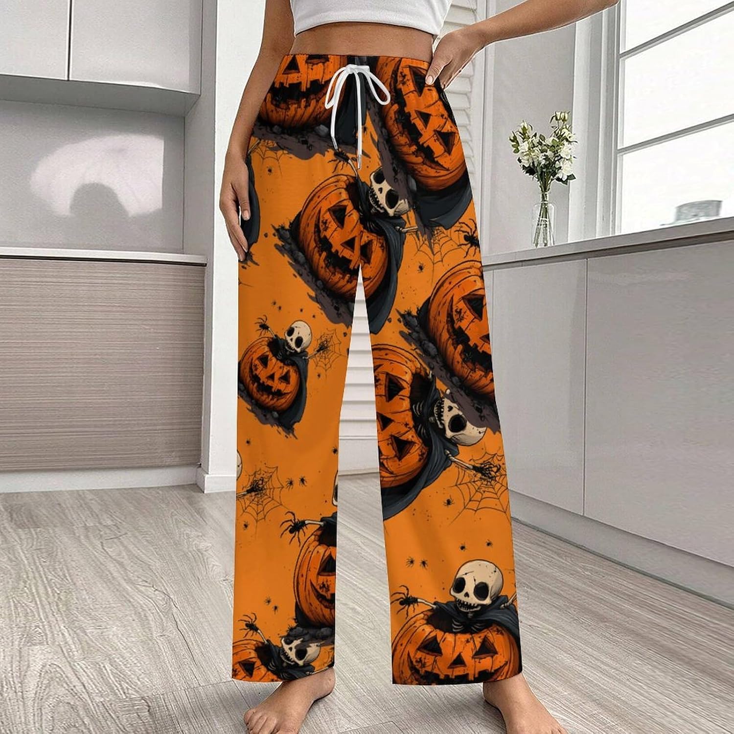 Halloween Costume Pumpkin Skeleton Womens Pajama Pants Loose Sleep Yoga Pj Pant Loungewear Nightwear for Home
