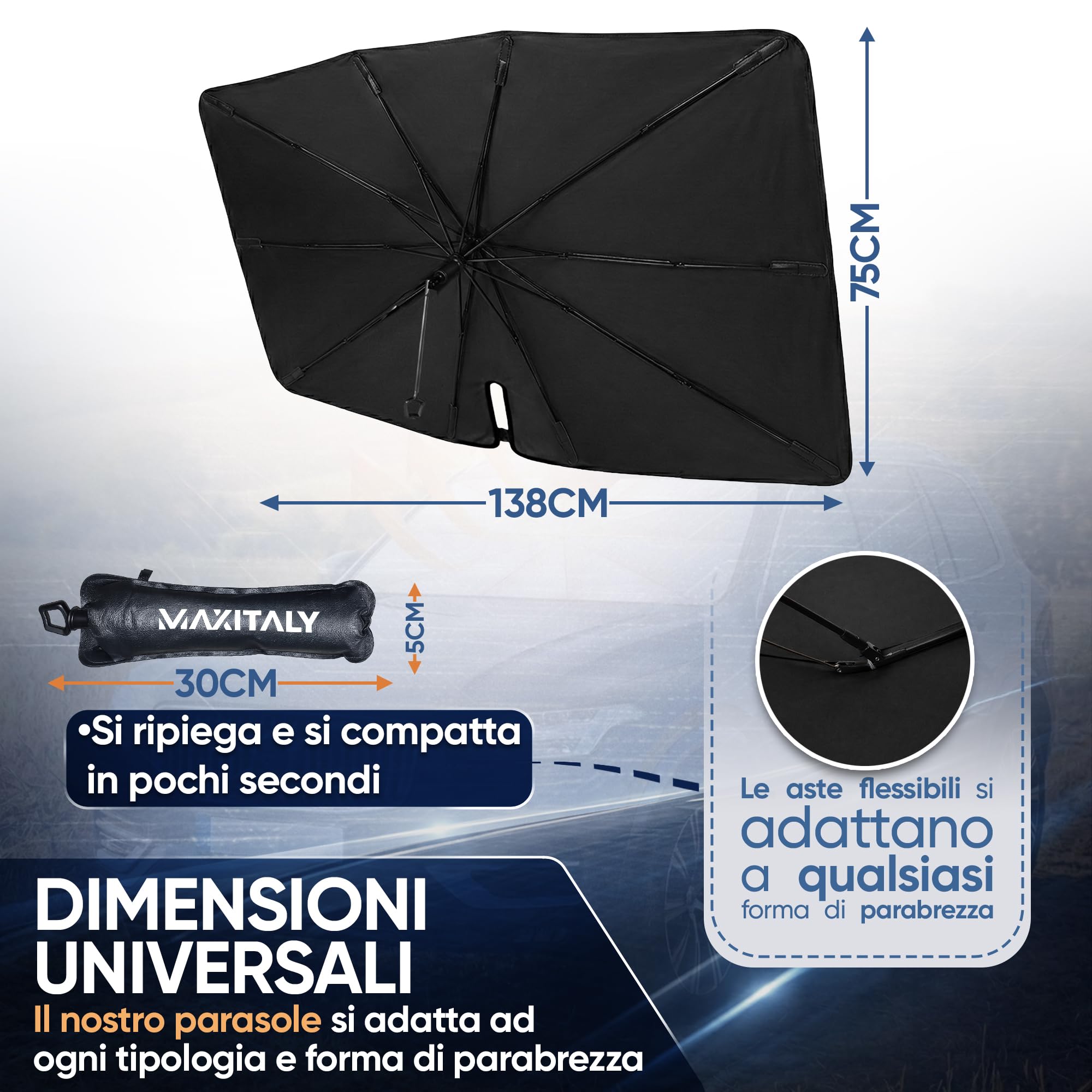 MAXITALY Ombrello Parasole Auto 138x75CM, Manico Pieghevole 360° Fibra Ossea, Parasole Auto Parabrezza Interno Fibra Riflettente Argento E Titanio, Ampia Compatibilità - Accessori Auto Premium