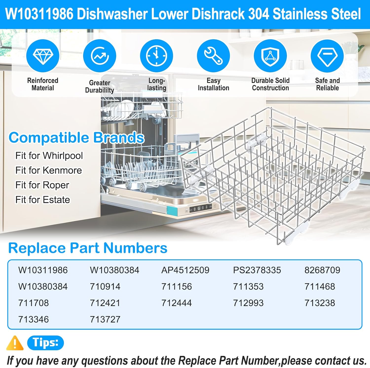 UPGRADED W10311986 W10380384 Dishwasher Lower Dishrack for Whirlpool Kenmore Dishwasher Rack Replacement Parts,304 Stainless Steel W10311986 W11158802 Whirlpool Dishwasher Rack with Wheel Bottom Rack
